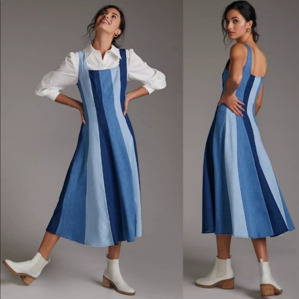 Anthropologie Farm Rio Colorblock Midi Denim Fit N Flare Stripe Dress Large NWT